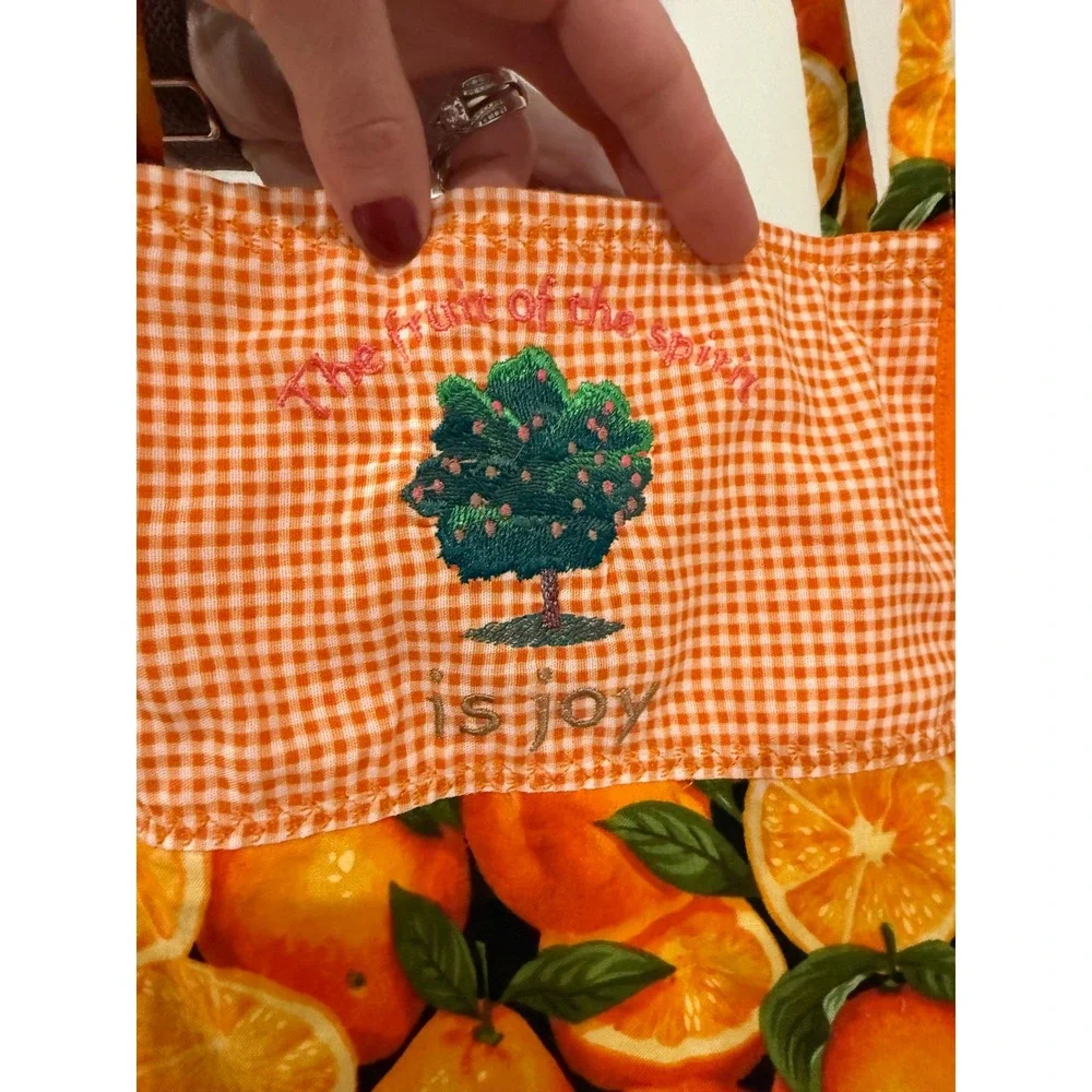 Orange Fruit Gingham Ruffle Apron Fruit of the Spirit is Joy Embroidered S/M